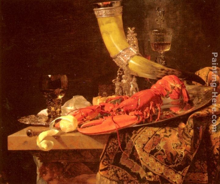 Willem Kalf Still Life with the Drinking-Horn of the Saint Sebastian Archers' Guild, Lobster and Glasses